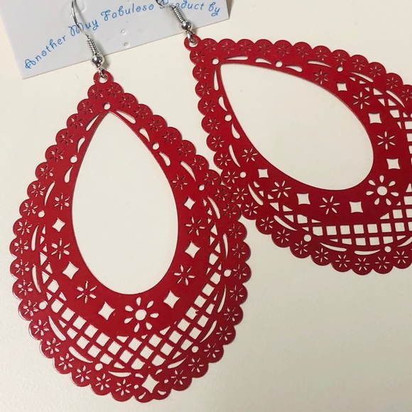 Mexican Red Earrings Papel Picado Style Arracadas - Picture 2 of 3